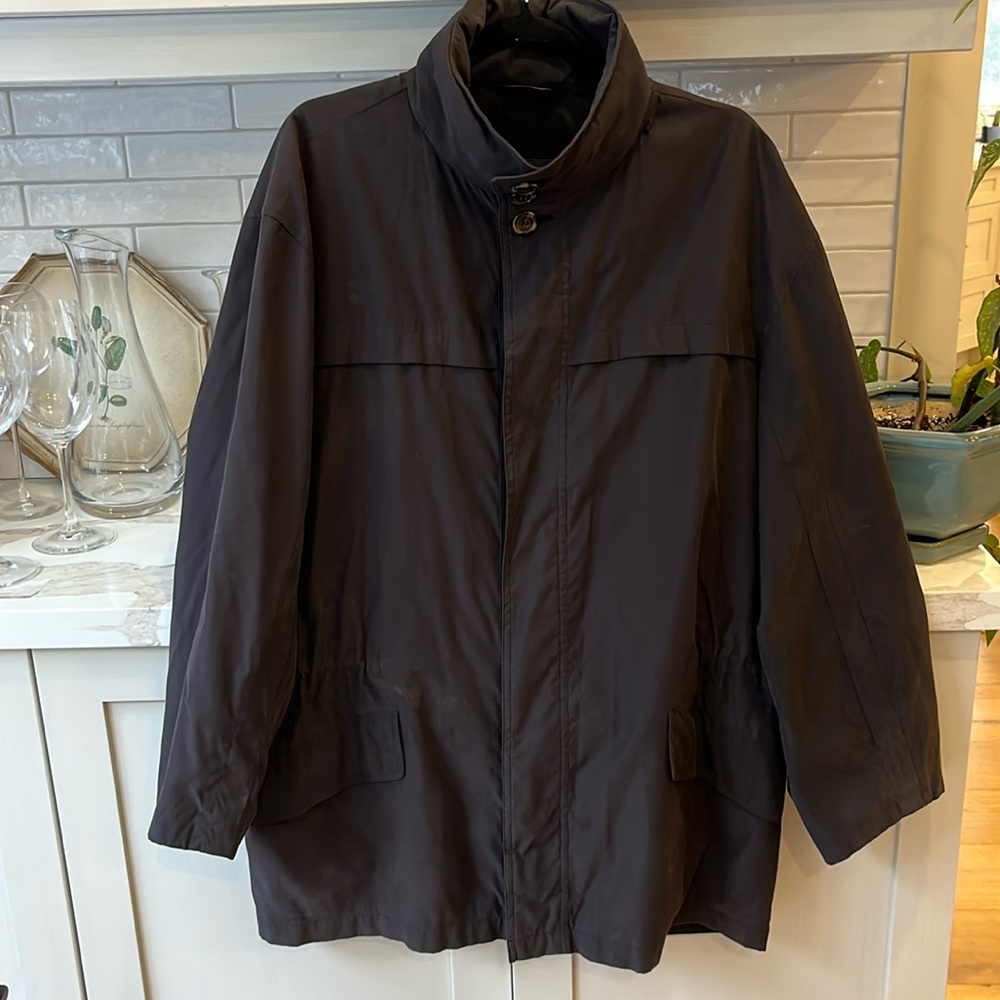 EUC Sanyo of New York Mens ultra suede black car length jacket with hidden hood